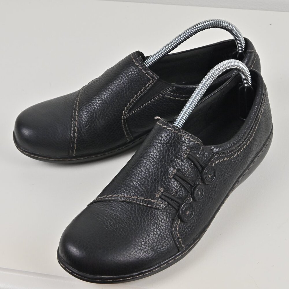 Clarks Ashland Effie Leather Comfort 3 Button Black Slip On Loafers US 9.5 UK 7